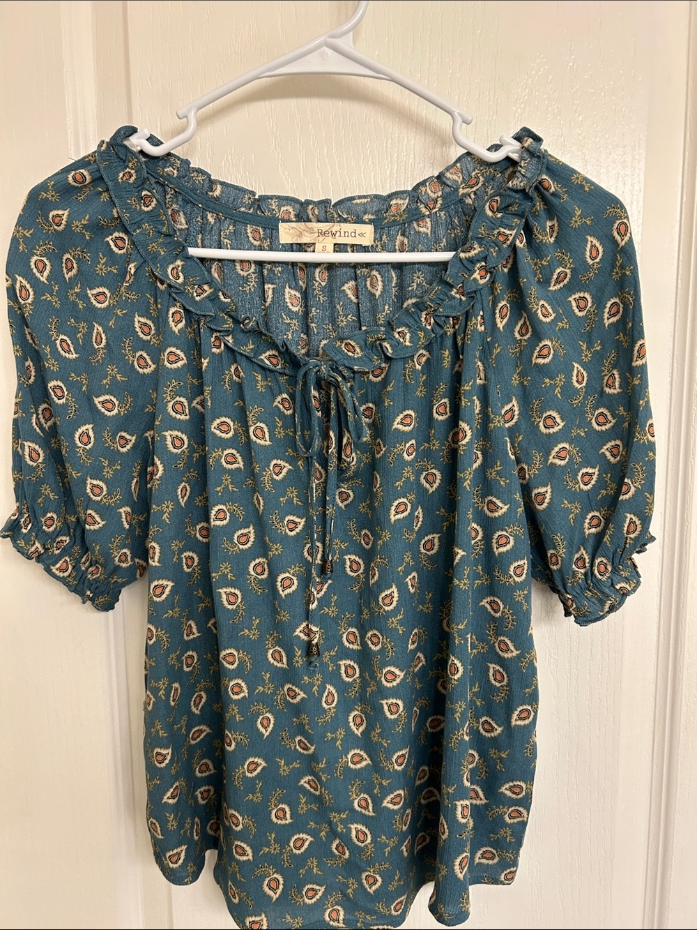 Rewind Teal Paisley Ruffle Tie-Neck Blouse